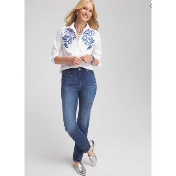 Chico's Tops - Chicos No Iron Wildflower Embroidered Shirt Womens 0 Long Sleeve Button Up White